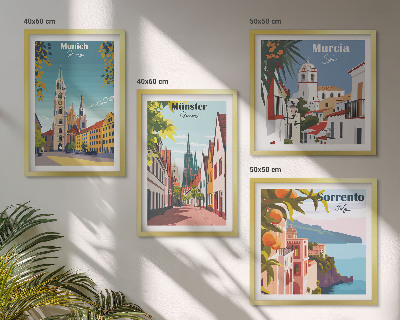 Polittico con cornice Illustrazioni a colori di città europee.