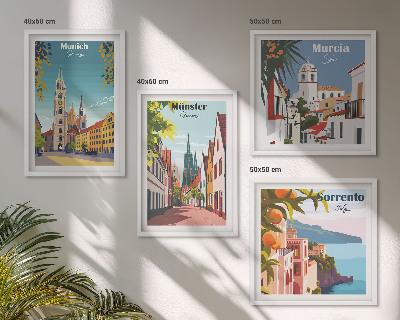 Polittico con cornice Illustrazioni a colori di città europee.