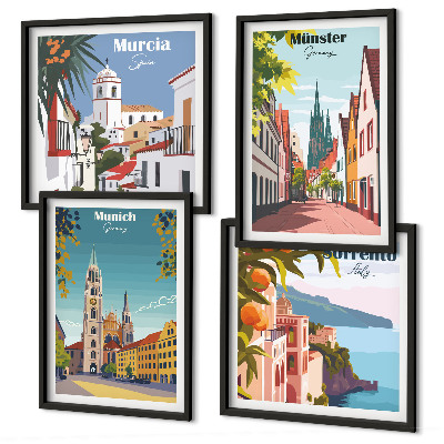 Polittico con cornice Illustrazioni a colori di città europee.