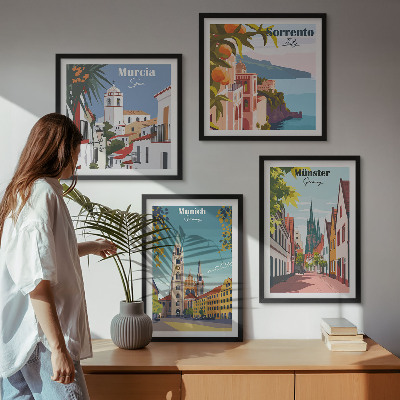 Polittico con cornice Illustrazioni a colori di città europee.