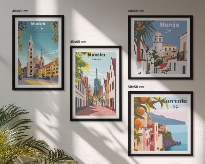 Polittico con cornice Illustrazioni a colori di città europee.