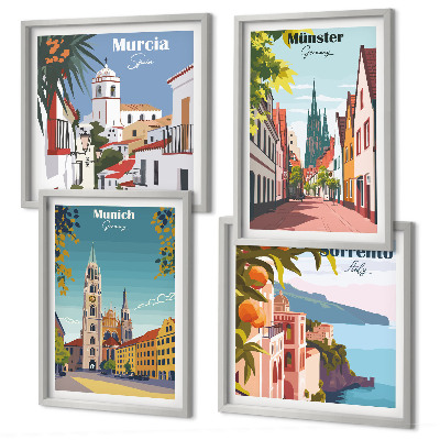 Polittico con cornice Illustrazioni a colori di città europee.