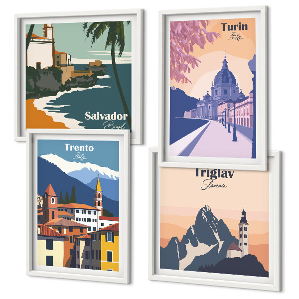 Composizione di 4 quadri Illustrazioni di architettura retrò montana