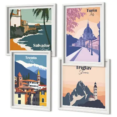 Set di 4 quadri illustrazioni di architettura in stile retrò di montagna