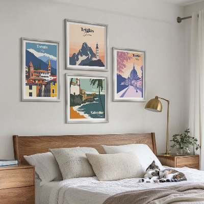 Composizione di 4 quadri Illustrazioni di architettura retrò montana