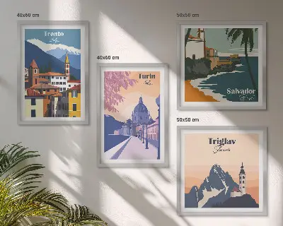 Set di 4 quadri illustrazioni di architettura in stile retrò di montagna