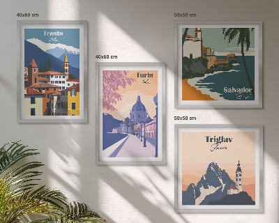 Composizione di 4 quadri Illustrazioni di architettura retrò montana