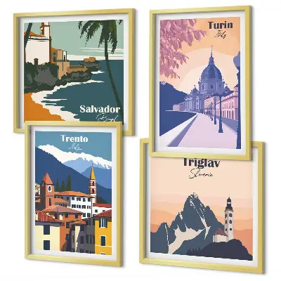 Set di 4 quadri illustrazioni di architettura in stile retrò di montagna