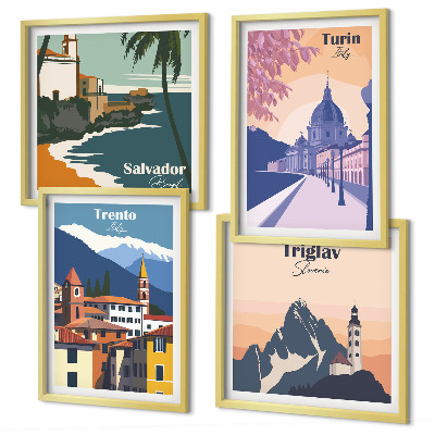Composizione di 4 quadri Illustrazioni di architettura retrò montana