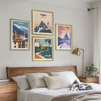 Composizione di 4 quadri Illustrazioni di architettura retrò montana