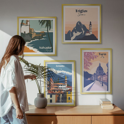 Composizione di 4 quadri Illustrazioni di architettura retrò montana
