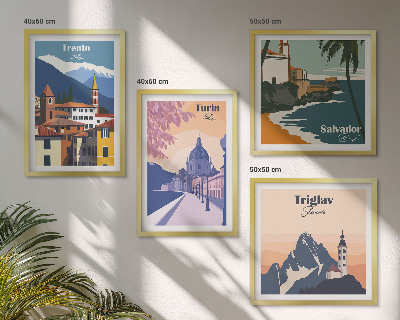 Composizione di 4 quadri Illustrazioni di architettura retrò montana