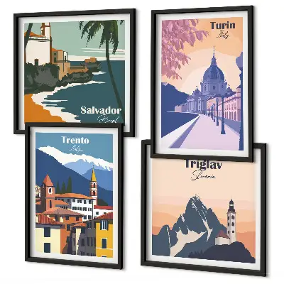 Set di 4 quadri illustrazioni di architettura in stile retrò di montagna