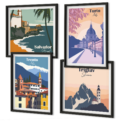 Composizione di 4 quadri Illustrazioni di architettura retrò montana