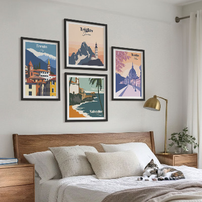Composizione di 4 quadri Illustrazioni di architettura retrò montana