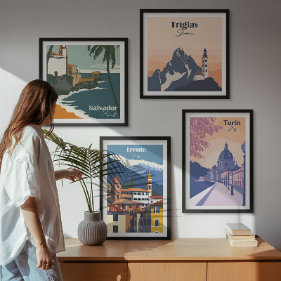 Composizione di 4 quadri Illustrazioni di architettura retrò montana