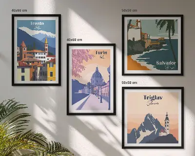 Set di 4 quadri illustrazioni di architettura in stile retrò di montagna
