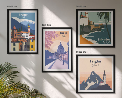 Composizione di 4 quadri Illustrazioni di architettura retrò montana