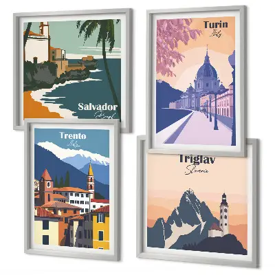 Set di 4 quadri illustrazioni di architettura in stile retrò di montagna
