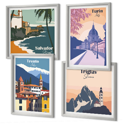 Composizione di 4 quadri Illustrazioni di architettura retrò montana