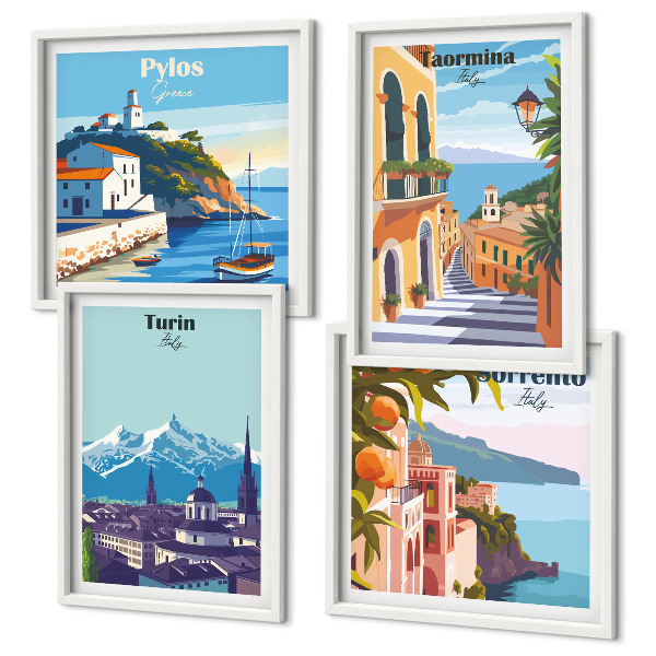 Polittico con cornice Illustrazioni colorate di città retrò