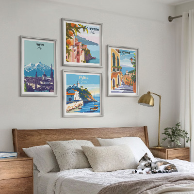Polittico con cornice Illustrazioni colorate di città retrò