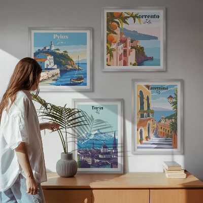 Polittico con cornice Illustrazioni colorate di città retrò