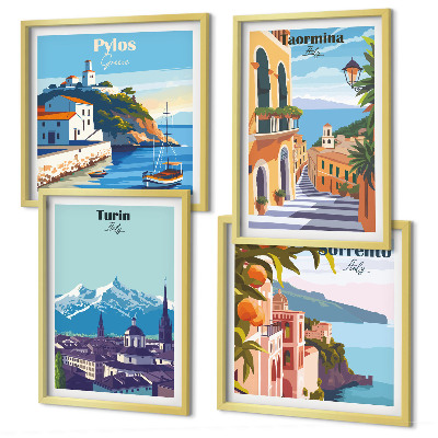 Polittico con cornice Illustrazioni colorate di città retrò