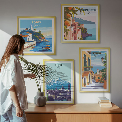 Polittico con cornice Illustrazioni colorate di città retrò