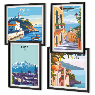 Polittico con cornice Illustrazioni colorate di città retrò