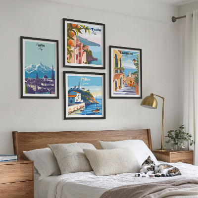 Polittico con cornice Illustrazioni colorate di città retrò