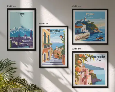 Illustrazioni colorate di città retrò polittico con cornice