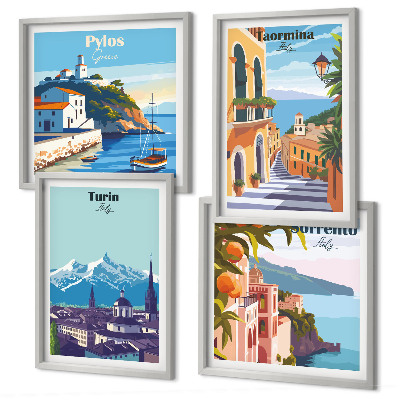 Polittico con cornice Illustrazioni colorate di città retrò