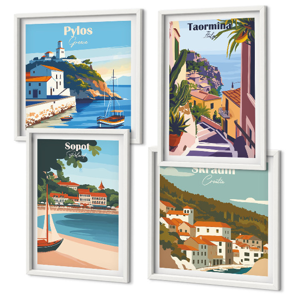 Composizione di 4 quadri Illustrazioni di città costiere