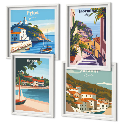 Composizione di 4 quadri Illustrazioni di città costiere