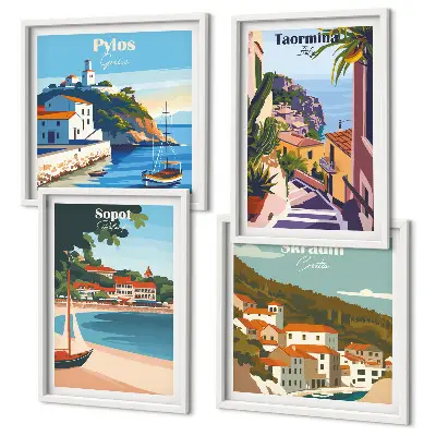 Composizione di 4 quadri illustrazioni raffiguranti città costiere