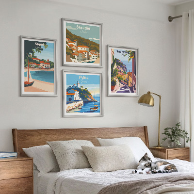 Composizione di 4 quadri Illustrazioni di città costiere