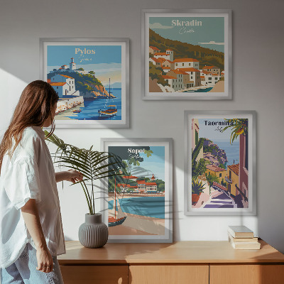 Composizione di 4 quadri Illustrazioni di città costiere
