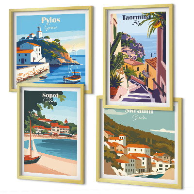 Composizione di 4 quadri Illustrazioni di città costiere