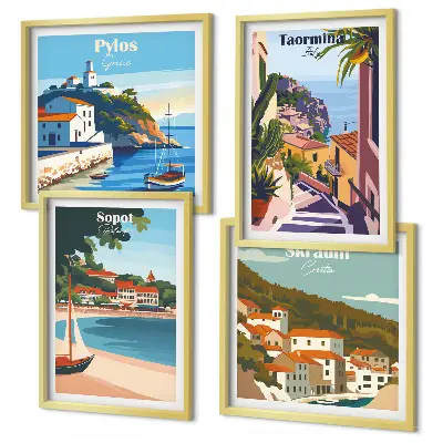 Composizione di 4 quadri illustrazioni raffiguranti città costiere