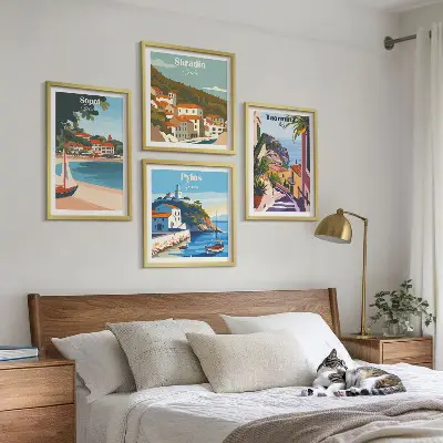 Composizione di 4 quadri illustrazioni raffiguranti città costiere