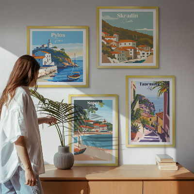 Composizione di 4 quadri Illustrazioni di città costiere