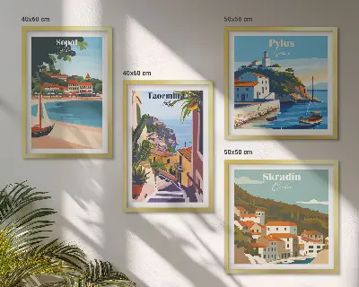 Composizione di 4 quadri illustrazioni raffiguranti città costiere