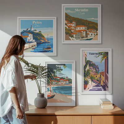 Composizione di 4 quadri Illustrazioni di città costiere