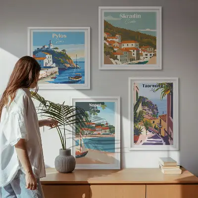 Composizione di 4 quadri illustrazioni raffiguranti città costiere