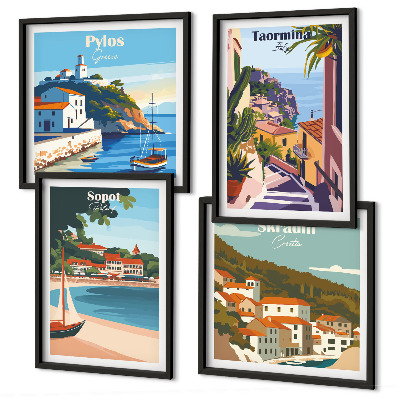 Composizione di 4 quadri Illustrazioni di città costiere