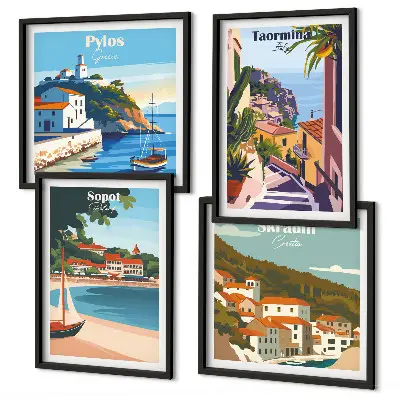 Composizione di 4 quadri illustrazioni raffiguranti città costiere
