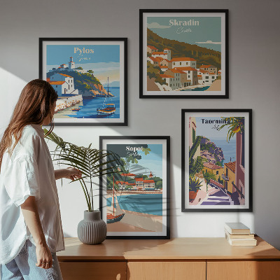 Composizione di 4 quadri Illustrazioni di città costiere