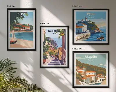 Composizione di 4 quadri illustrazioni raffiguranti città costiere