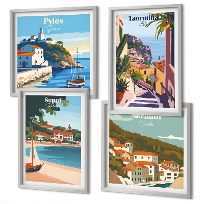 Composizione di 4 quadri Illustrazioni di città costiere